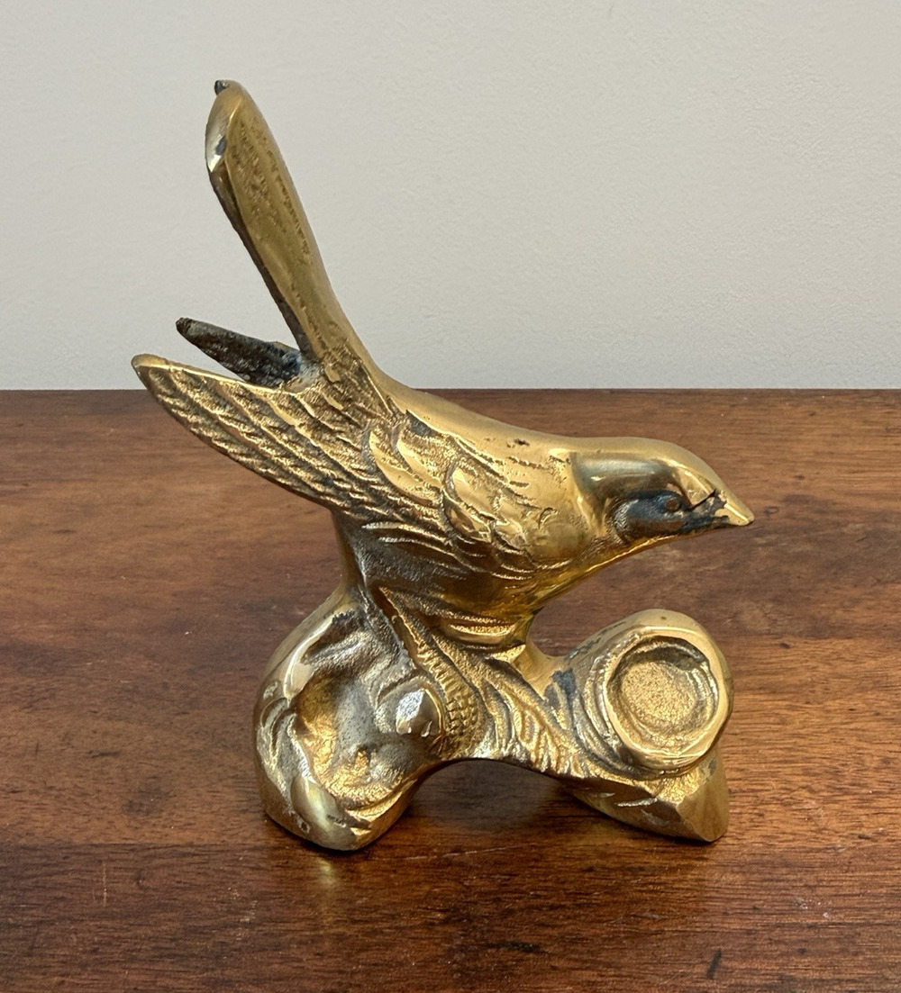 Vintage Solid Brass Song Bird Figurine on Branch Made in Korea 5.25"